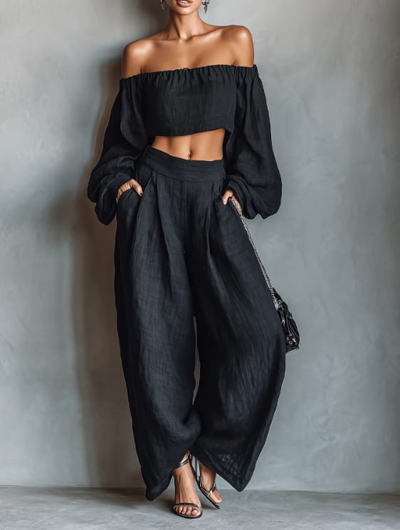 Women's off-shoulder crop top and wide-leg pants set - Black