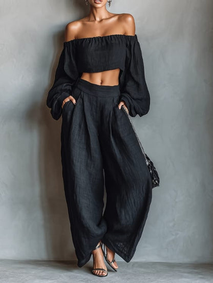 Women's off-shoulder crop top and wide-leg pants set - Black