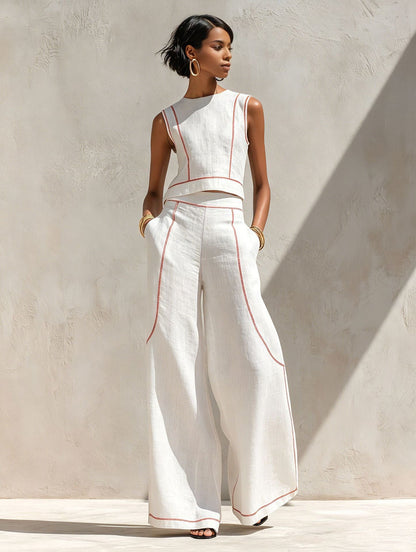Modern Contrast-Stitch Linen Two-Piece Set