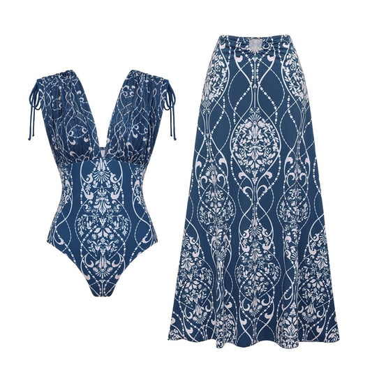 Geometric-Print Strappy Swimsuit and Pareo Two-Piece Luxury Beach Set