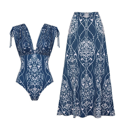 Geometric-Print Strappy Swimsuit and Pareo Two-Piece Luxury Beach Set