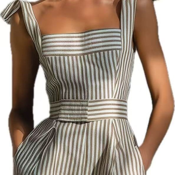 Women's striped linen pullover jumpsuit - detail