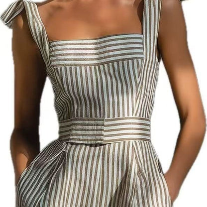 Women's striped linen pullover jumpsuit - detail
