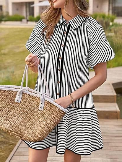 Striped Balloon-Sleeve Oversized Shirt Dress - detail