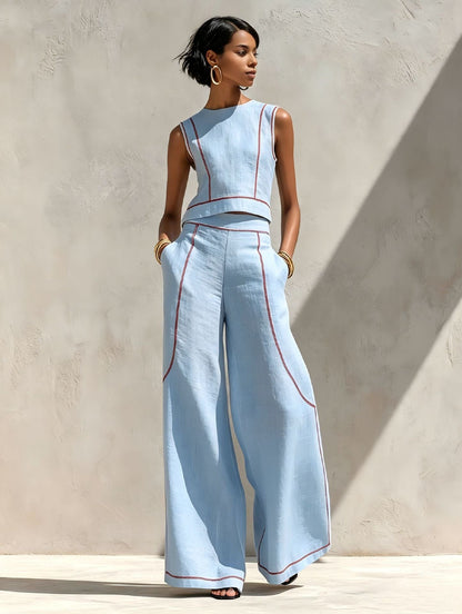 Modern Contrast-Stitch Linen Two-Piece Set