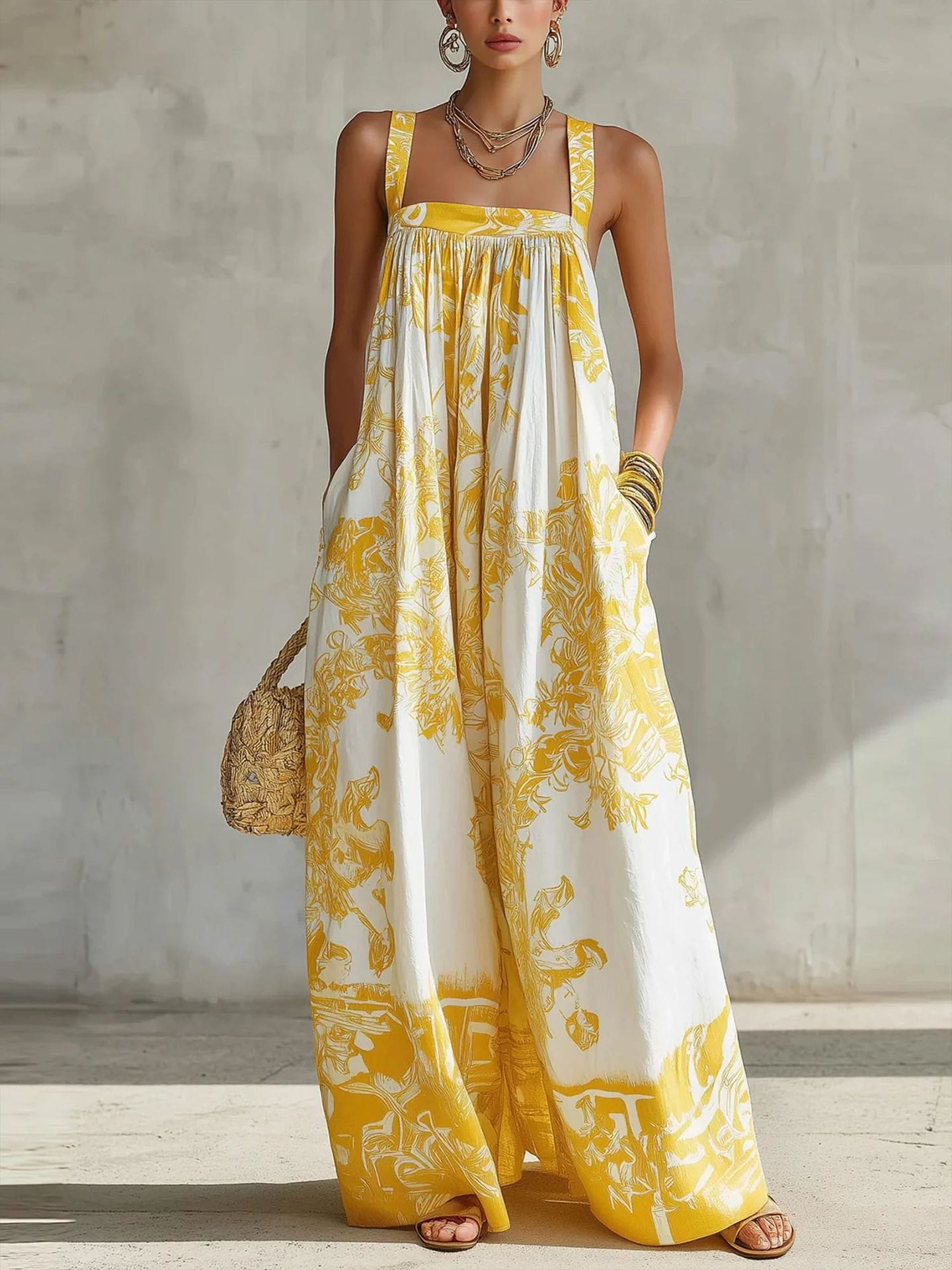 Retro Tile-Print High-Waisted Wide-Leg Flowing Pants