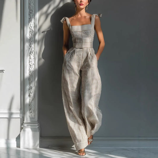 Women's striped linen pullover jumpsuit - Khaki