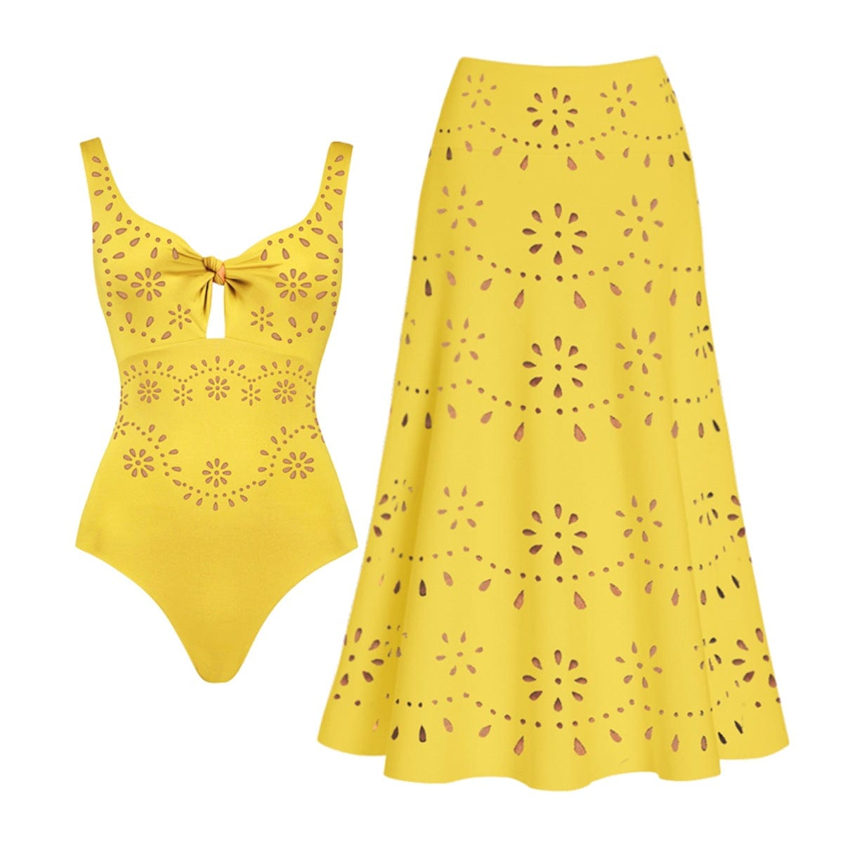 Women's Laser-Cut Broderie Swimsuit and Skirt Two-Piece Premium Beach Set