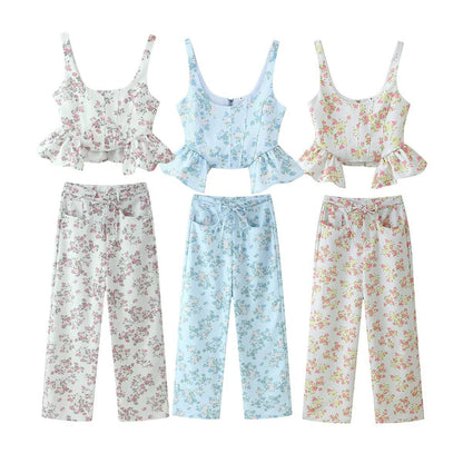 High-Waisted Wide-Leg Printed Pants Two-Piece Set