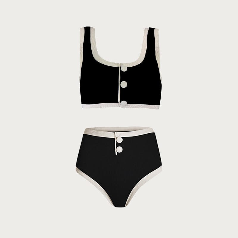 Monochrome Color-Block Backless Swimsuit with Slit Asymmetrical Beach Set