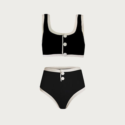Monochrome Color-Block Backless Swimsuit with Slit Asymmetrical Beach Set
