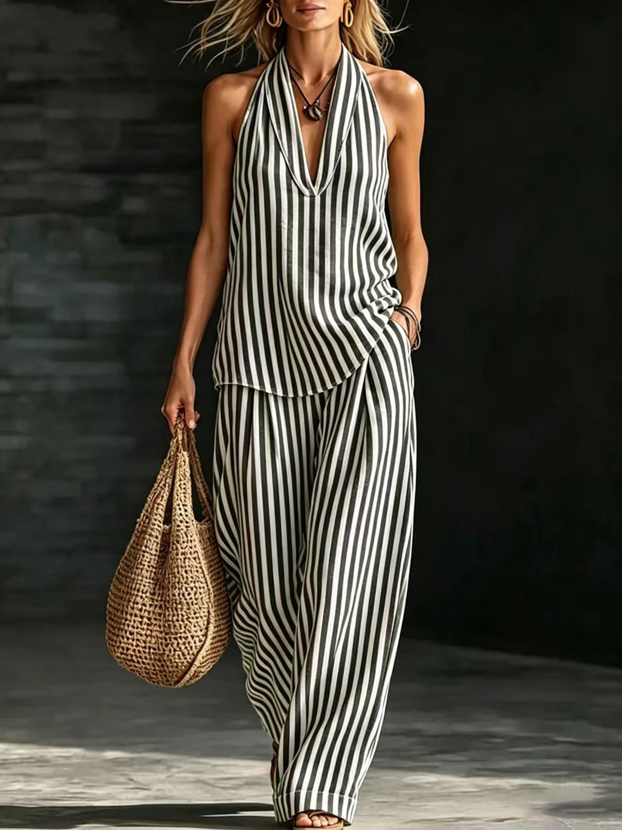 Women's striped halter V-neck sleeveless two-piece set - Dark Purple