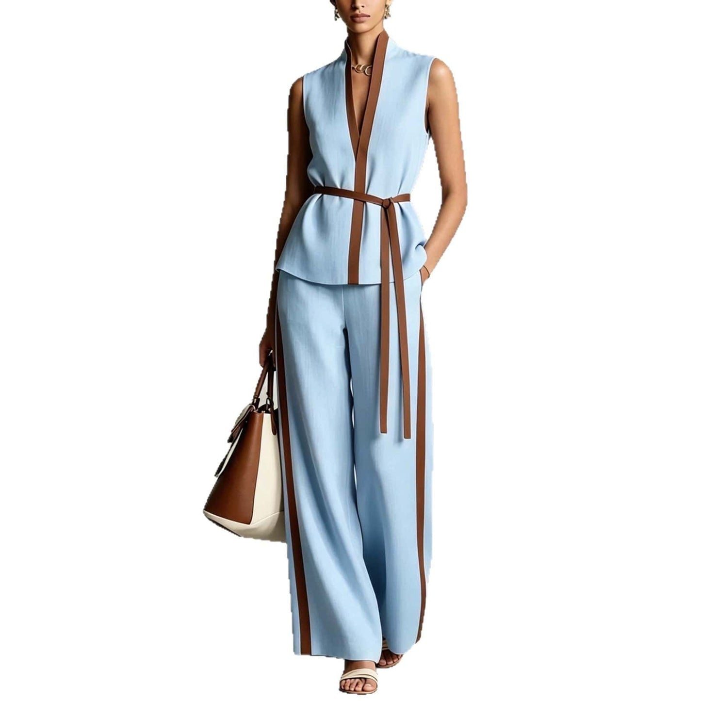 Women's Sleeveless Office Wide-Leg High-Waisted Pants Set