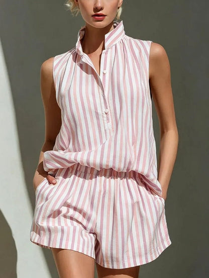 Women's Linen-Blend Striped Sleeveless Relaxed-Fit Shorts Set