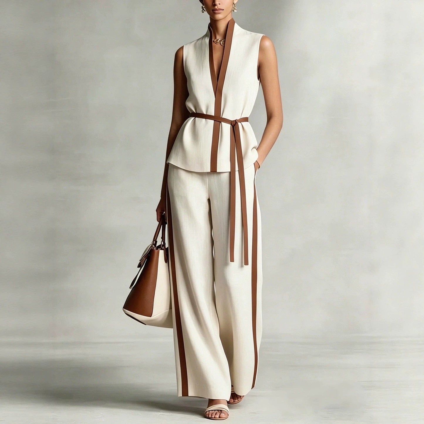 Women's Sleeveless Office Wide-Leg High-Waisted Pants Set