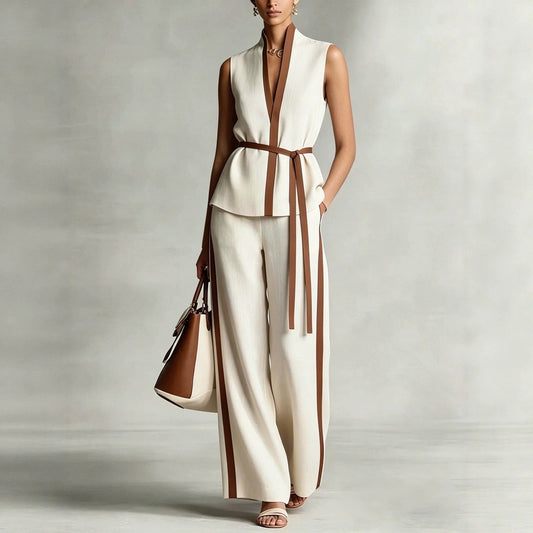 Women's Sleeveless Office Wide-Leg High-Waisted Pants Set