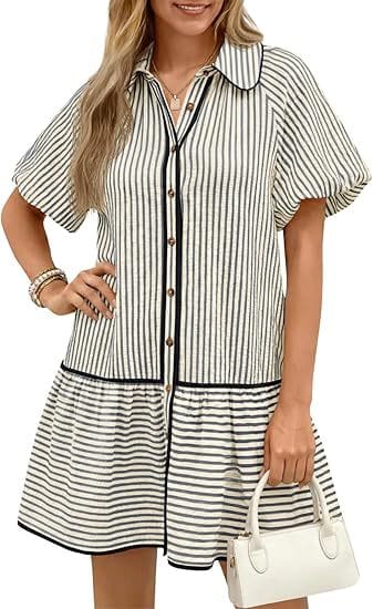 Striped Balloon-Sleeve Oversized Shirt Dress - Gray