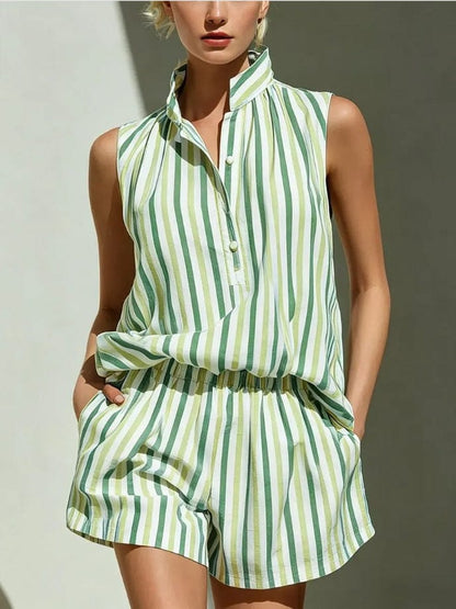 Women's Linen-Blend Striped Sleeveless Relaxed-Fit Shorts Set