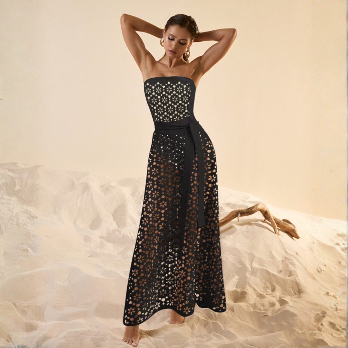 Women's Laser-Cut Floral Strapless Swimsuit and Pareo Skirt Contrast Beach Set
