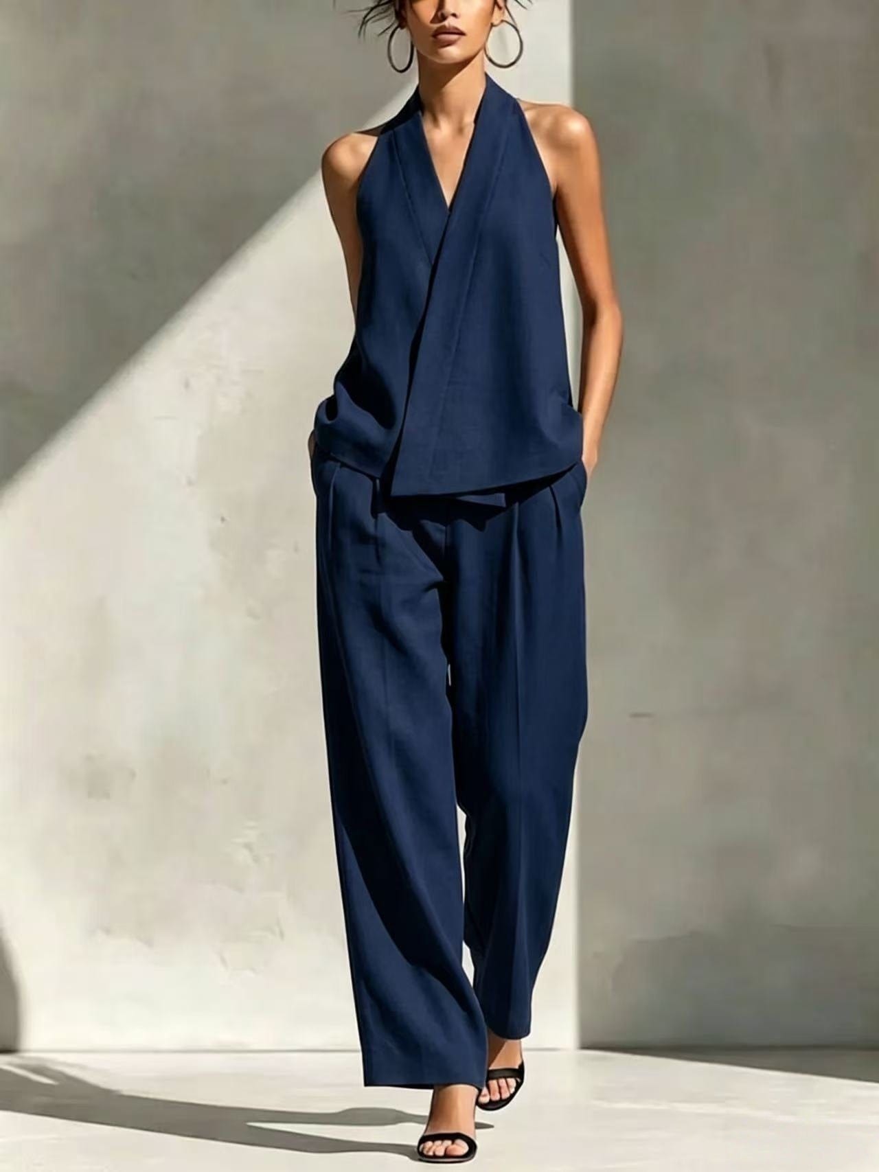 Premium Strappy V-Neck Linen-Texture Two-Piece Set