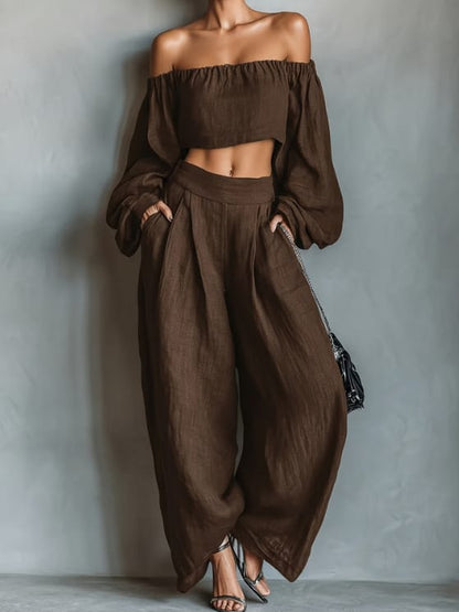 Women's off-shoulder crop top and wide-leg pants set - detail