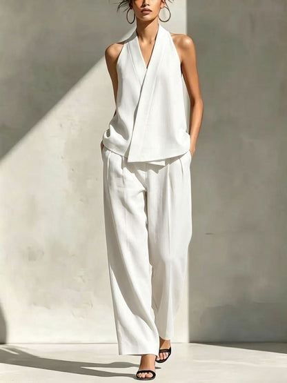 Premium Strappy V-Neck Linen-Texture Two-Piece Set