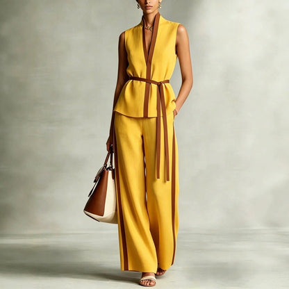 Women's Sleeveless Office Wide-Leg High-Waisted Pants Set