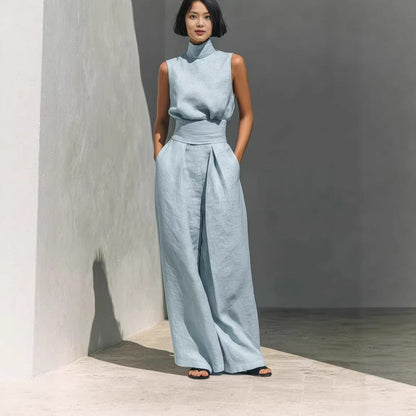 Premium Mock-Neck Sleeveless Cotton-Linen Two-Piece Set with Corset Waist