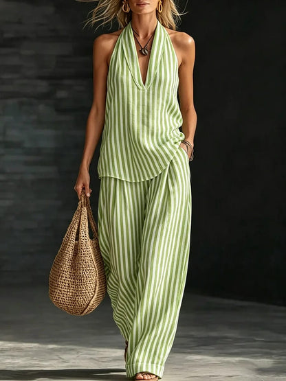 Women's striped halter V-neck sleeveless two-piece set - Yellow-Green