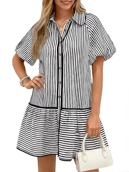 Striped Balloon-Sleeve Oversized Shirt Dress - side view