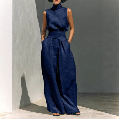 Premium Mock-Neck Sleeveless Cotton-Linen Two-Piece Set with Corset Waist