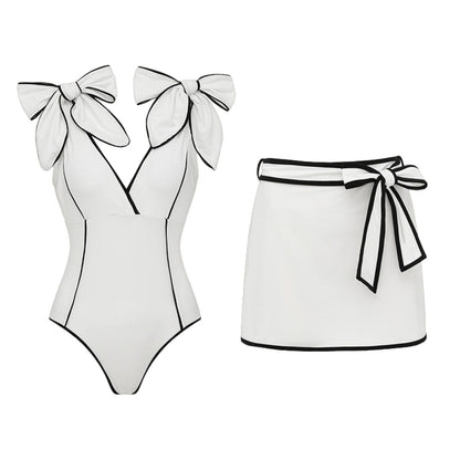 Women's Contrast-Stripe Bow-Detail Swimsuit and Skirt Two-Piece Beach Set
