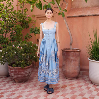 Retro Artistic-Print Square-Neck Maxi Dress