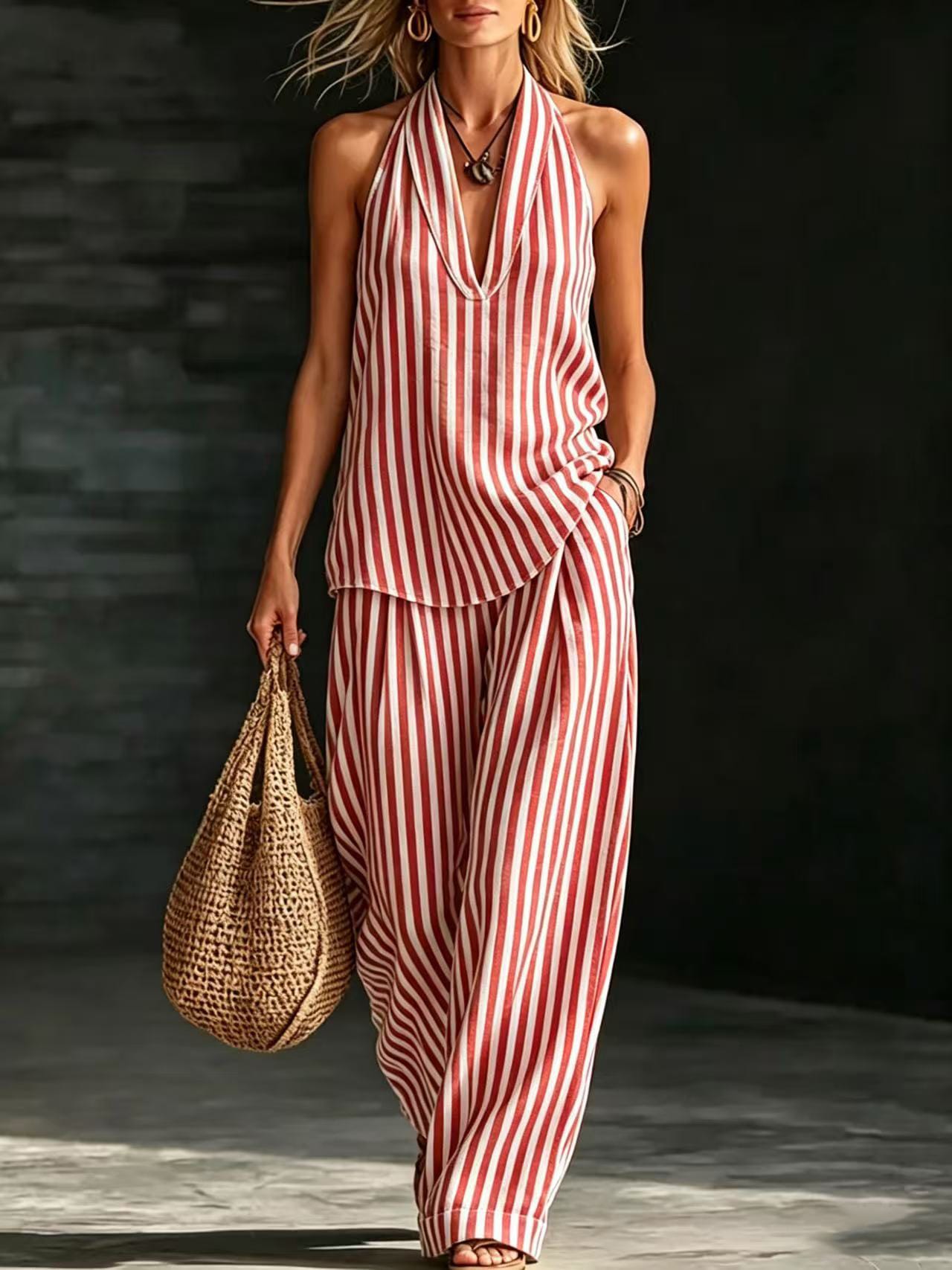 Women's striped halter V-neck sleeveless two-piece set