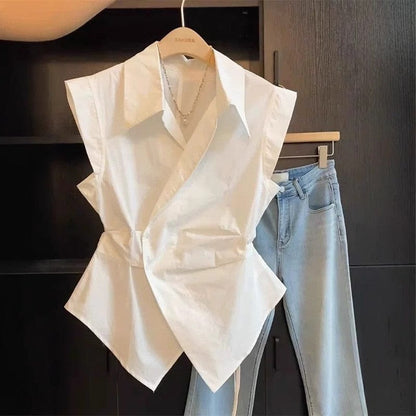 Korean-Style Sleeveless Wrap-Front Slimming Vest Top
