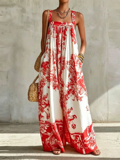 Retro Tile-Print High-Waisted Wide-Leg Flowing Pants