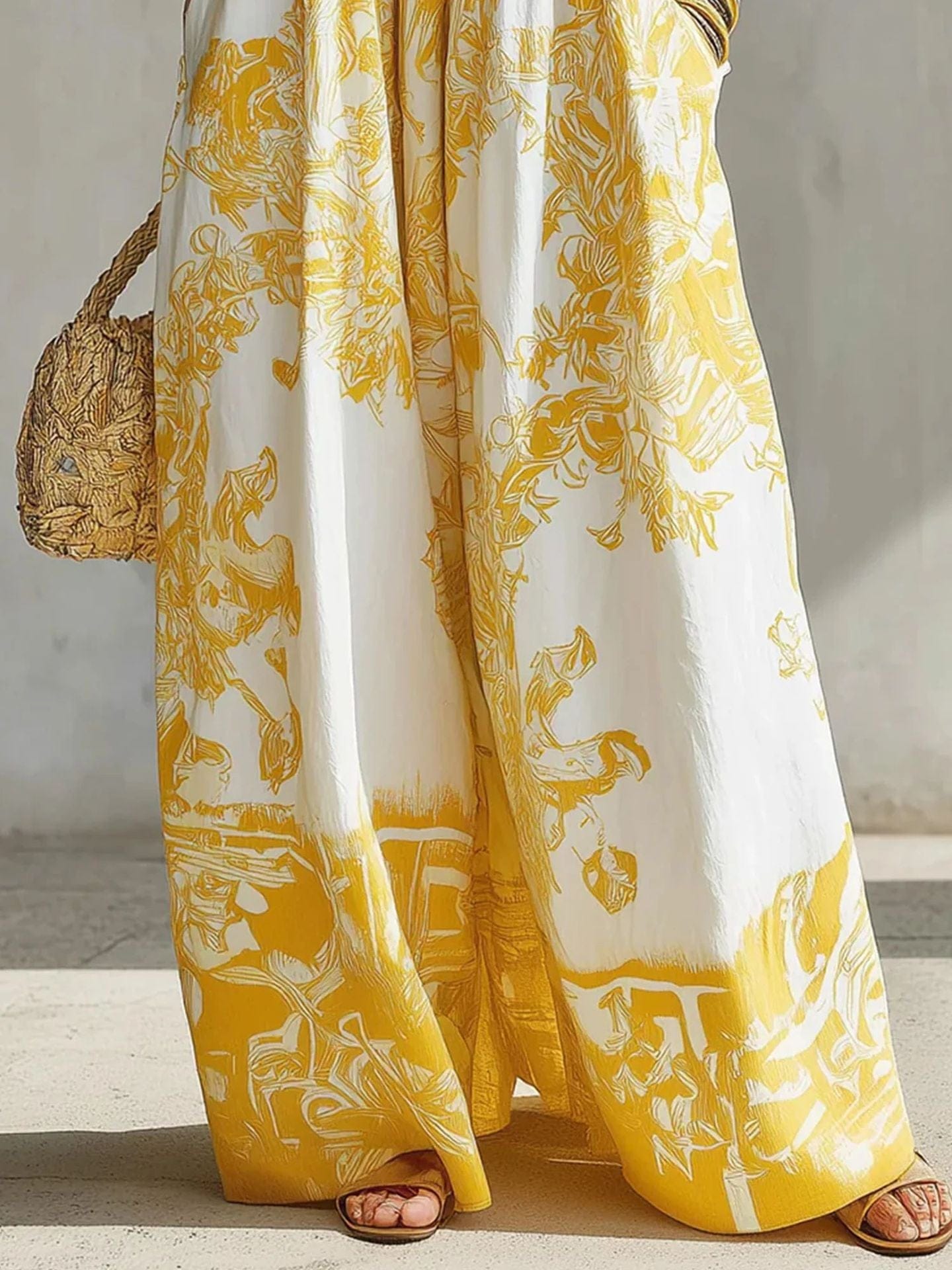 Retro Tile-Print High-Waisted Wide-Leg Flowing Pants