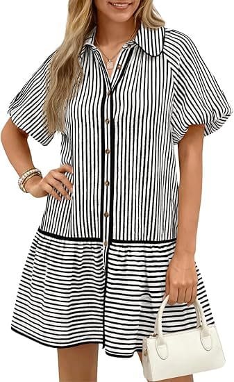 Striped Balloon-Sleeve Oversized Shirt Dress - Black