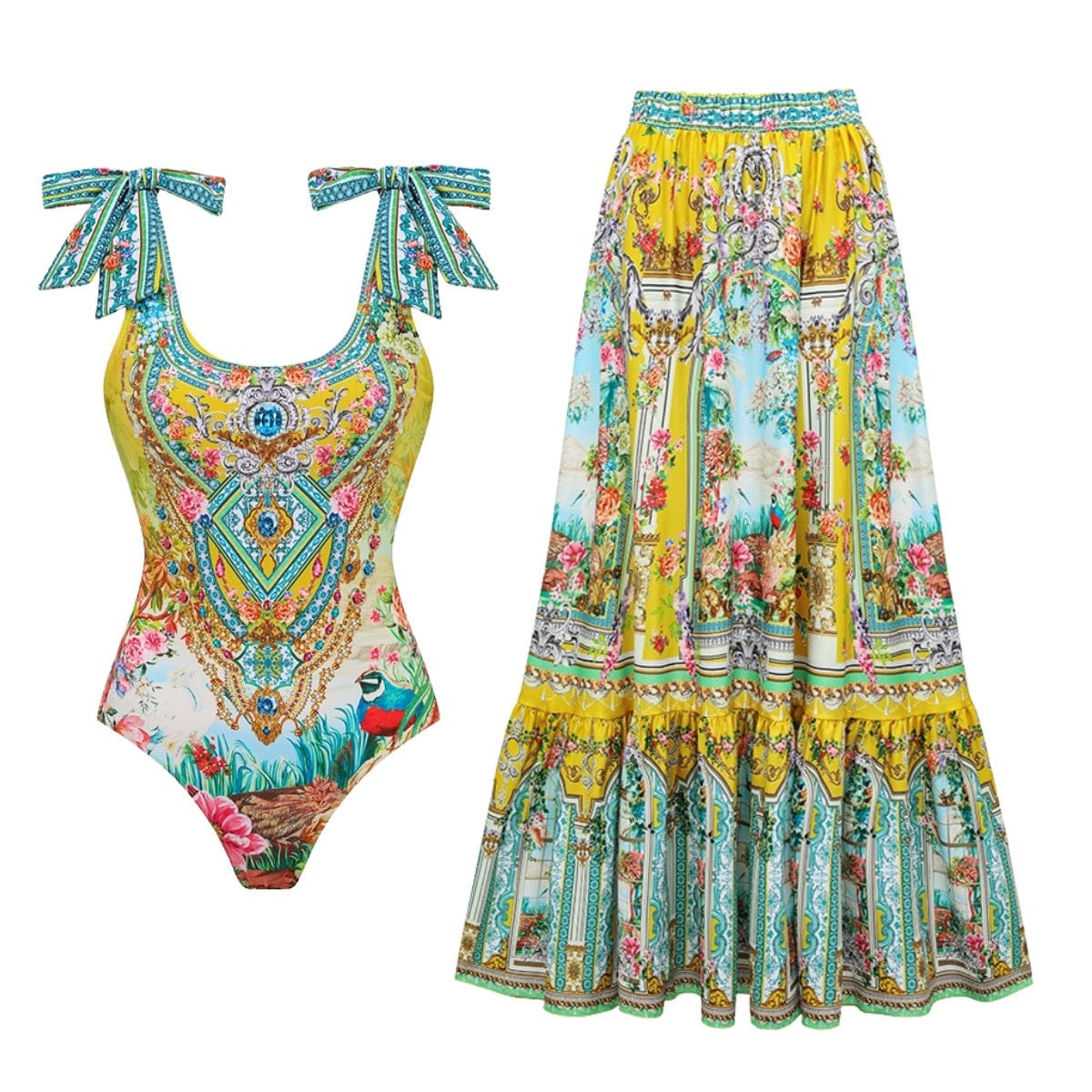 Monochrome Color-Block Backless Swimsuit with Mini Pleated Skirt Luxury Set
