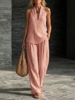 Women's striped halter V-neck sleeveless two-piece set - Bright Pink