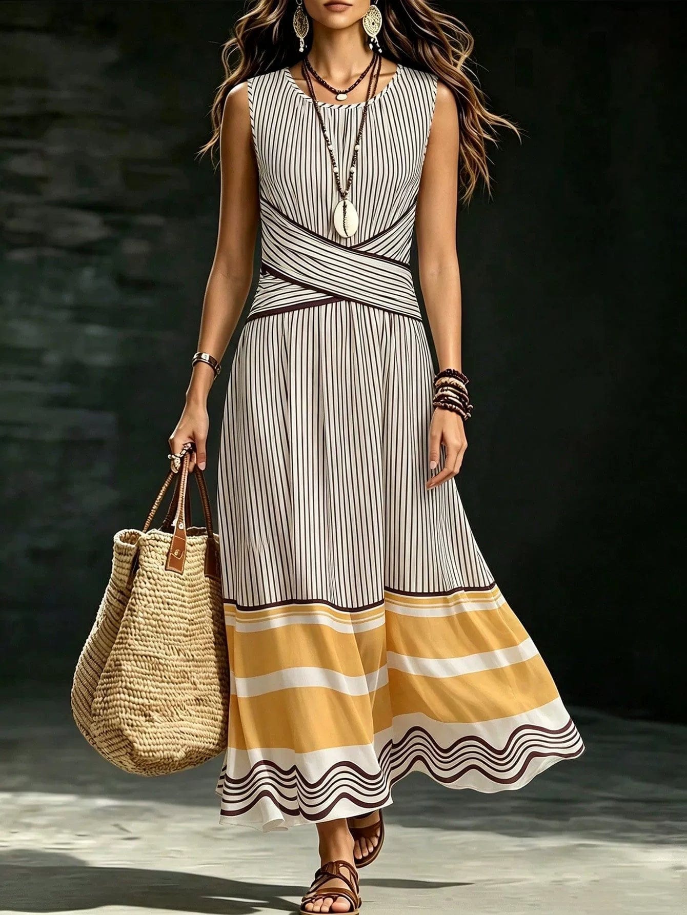 Front Cross-Tie Striped Sleeveless Maxi Dress - front view