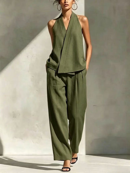 Premium Strappy V-Neck Linen-Texture Two-Piece Set