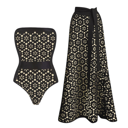 Women's Laser-Cut Floral Strapless Swimsuit and Pareo Skirt Contrast Beach Set