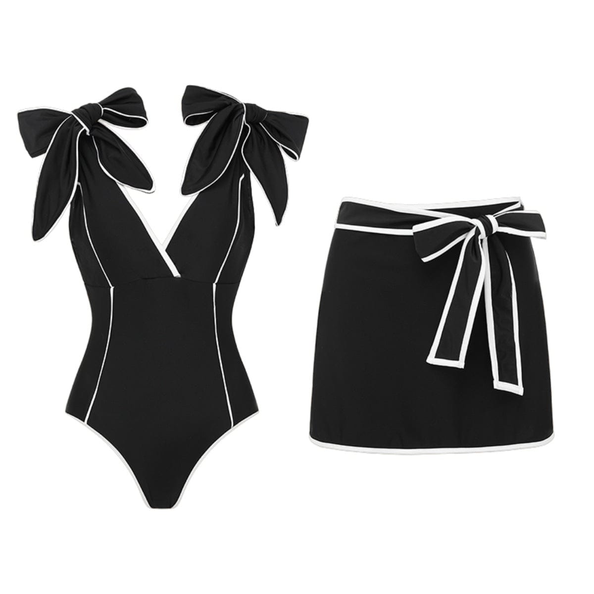 Women's Contrast-Stripe Bow-Detail Swimsuit and Skirt Two-Piece Beach Set