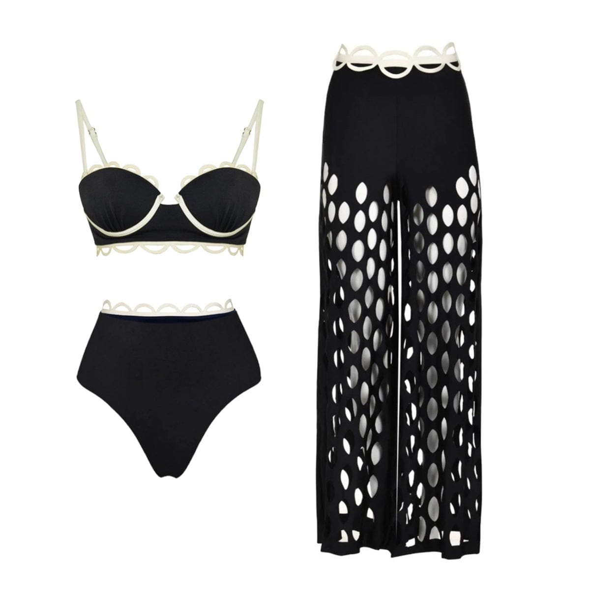Women's Scalloped-Trim Bikini and Mesh Pants Three-Piece Premium Beach Set