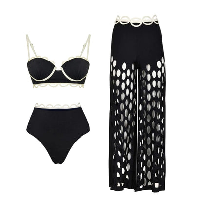 Women's Scalloped-Trim Bikini and Mesh Pants Three-Piece Premium Beach Set