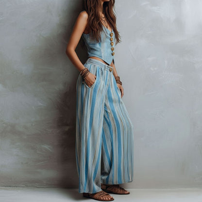 Women's blue striped vest top and wide-leg pants set - detail
