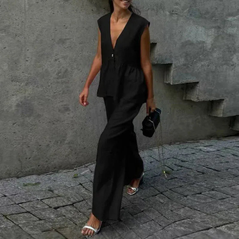 Women's Linen-Blend Sleeveless Ruffle Cotton Pants Set