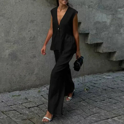 Women's Linen-Blend Sleeveless Ruffle Cotton Pants Set