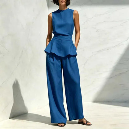 Women's Sleeveless High-Waisted Wide-Leg Ruffle Pants Set